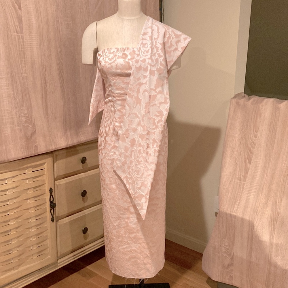 Pink/white brocade midi dress, Sz 2?